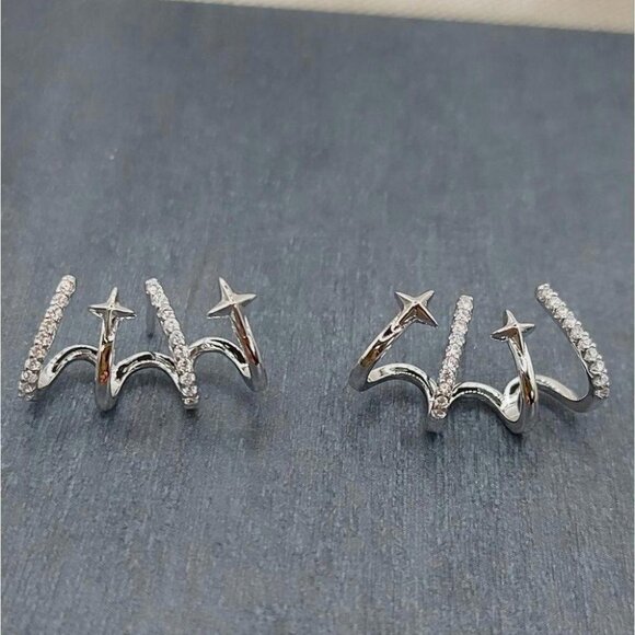 Platinum Plated Shooting Stars Earring Stud Cuff CZ - Picture 3 of 11